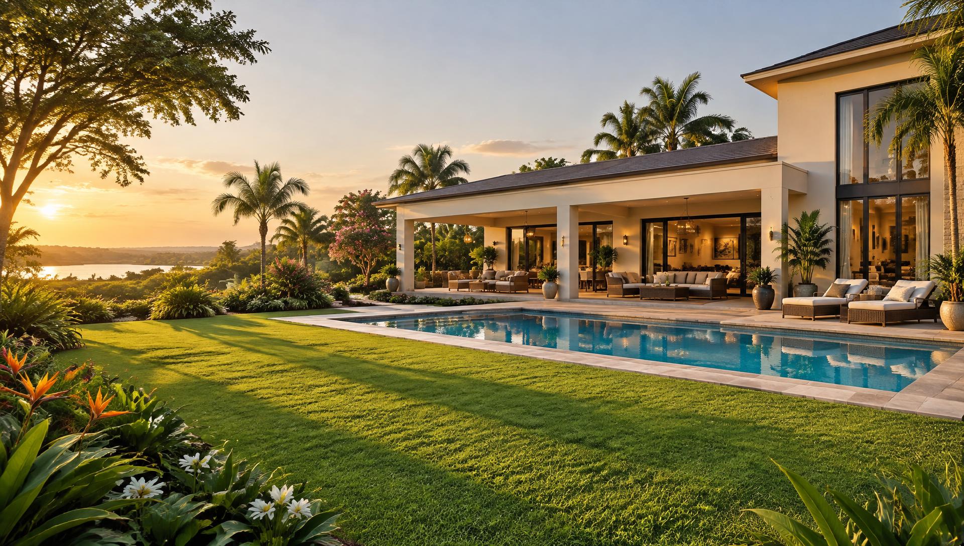 Illustrative contemporary villa with a garden and pool in golden afternoon light